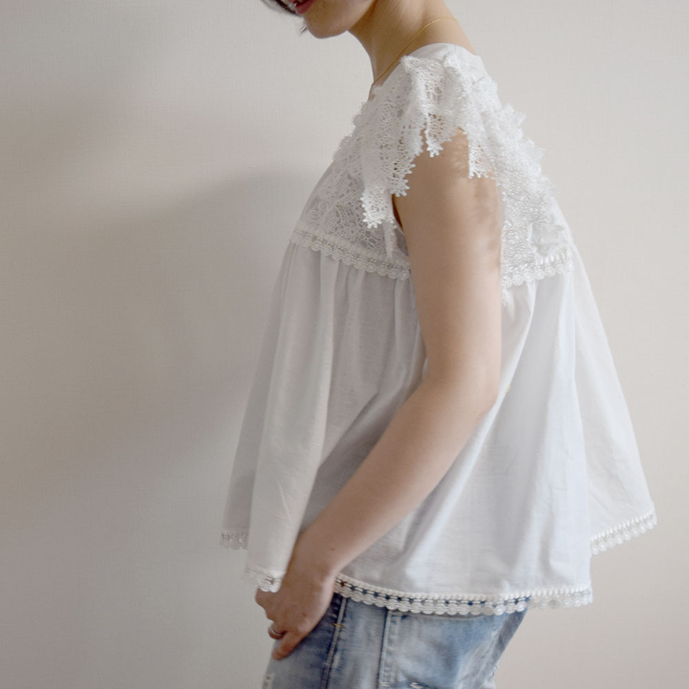 レースフレンチスリーブコットンブラウス　オフホワイト＜受注制作＞