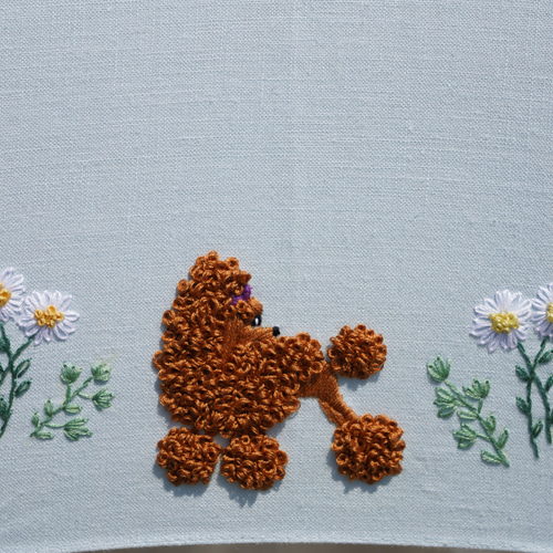 プードル刺繍の日傘（水色リネン生地に茶系プードル8頭）UV加工