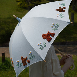 プードル刺繍の日傘（水色リネン生地に茶系プードル8頭）UV加工済み 1枚目の画像