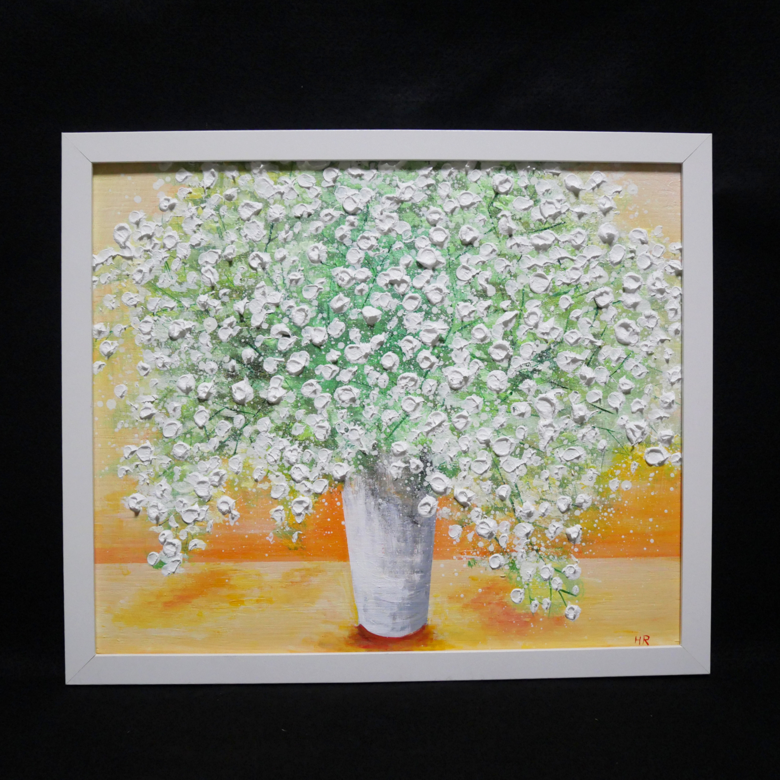 油絵 油彩 油彩画 絵画 アートパネル【ピンクかすみ草】