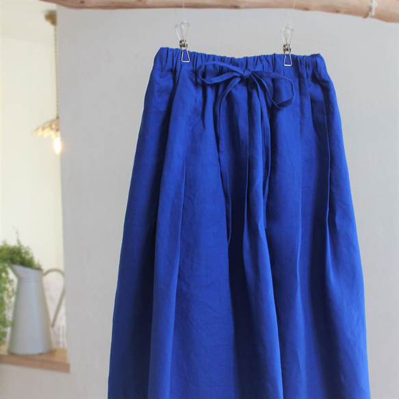 【受注製作】ヨーロッパリネンのギャザースカート☆ロイヤルブルー 2枚目の画像