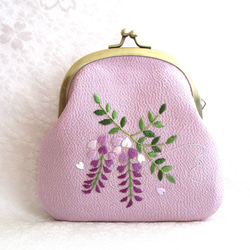 日本刺繍【藤の花】絹のがま口ポーチ ◇藤色◇ 刺繍 手刺繍 花