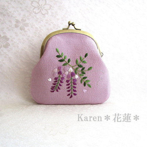 春めく季節のがま口ポーチ　手刺繍　ハンドメイド 春めく季節のがま口ポーチ手刺繍ハンドメイド