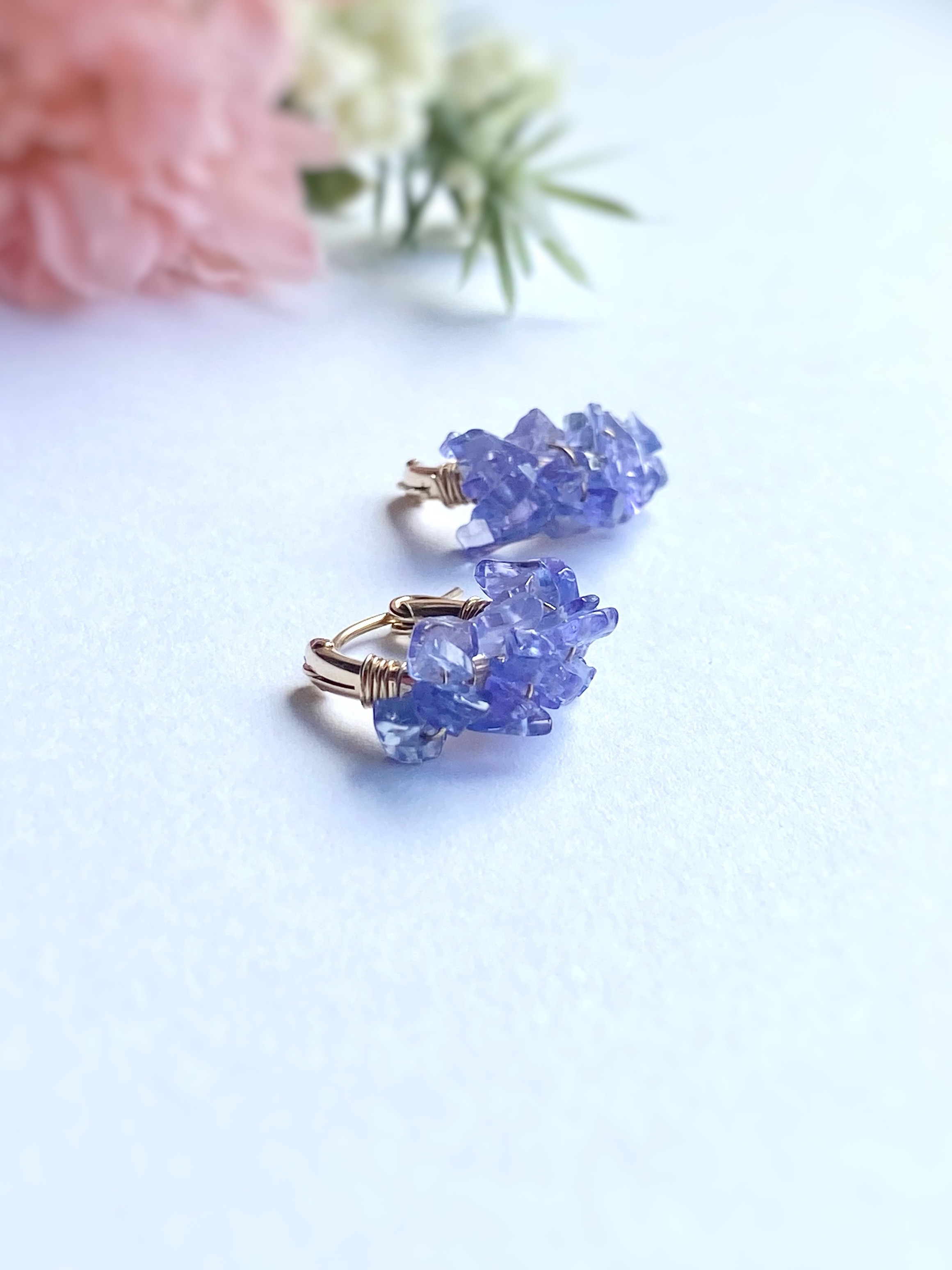 紫陽花のフープピアス タンザナイトAAAA 14kgf