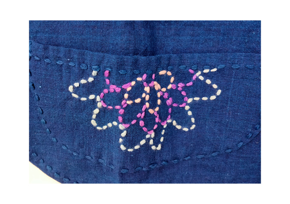 閉店セール　藍染　刺子の花柄　フレンチ袖ブラウス✿ 4枚目の画像