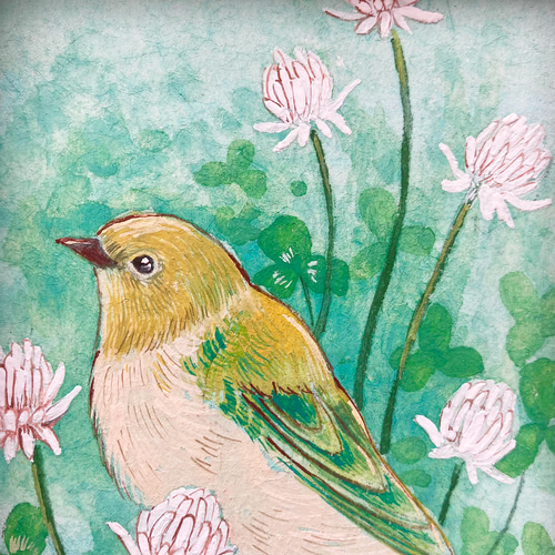小さな春の花の絵 クローバー インテリアアート 鳥の絵画 かわいい 