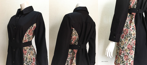 【1点もの・デザイン画付き】黒＆ゴブラン織り切り替えシャツ型コートワンピース（KOJI TOYODA） 6枚目の画像