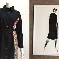 【1点もの・デザイン画付き】黒＆ゴブラン織り切り替えシャツ型コートワンピース（KOJI TOYODA） 2枚目の画像