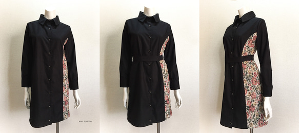 【1点もの・デザイン画付き】黒＆ゴブラン織り切り替えシャツ型コートワンピース（KOJI TOYODA） 4枚目の画像