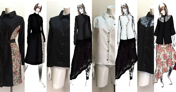 【1点もの・デザイン画付き】黒＆ゴブラン織り切り替えシャツ型コートワンピース（KOJI TOYODA） 9枚目の画像