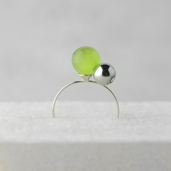 マスカットアイとメタリックヘマタイトのバイカラーリング 指輪 オープンリング タイガーアイ プレゼント ギフト 3枚目の画像