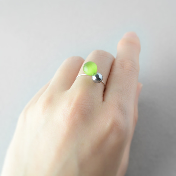 マスカットアイとメタリックヘマタイトのバイカラーリング 指輪 オープンリング タイガーアイ プレゼント ギフト 6枚目の画像