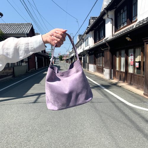 美品 モラビト ショルダーバッグ スエード 本革 リアルレザー パープル 長財布が横に入る‼︎本革ミニマルバッグ」パープル スエード ワン