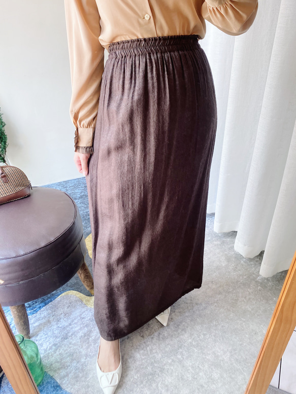 咖啡褐色立體織紋優雅少女 古著棉混絲質彈性下身裙長裙vintage 第2張的照片