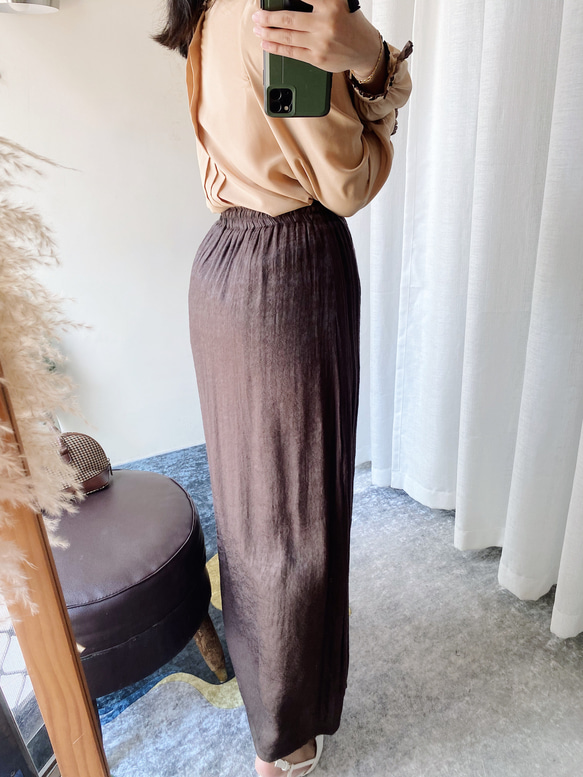 咖啡褐色立體織紋優雅少女 古著棉混絲質彈性下身裙長裙vintage 第4張的照片