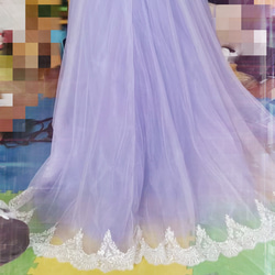 華やか パープル/紫 カラードレス 3D立体レース刺繍 ふわふわ袖 ベアトップ 挙式 2ways ドレス 5枚目の画像