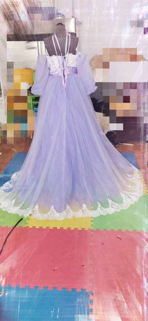 華やか パープル/紫 カラードレス 3D立体レース刺繍 ふわふわ袖 ベアトップ 挙式 2ways ドレス 6枚目の画像