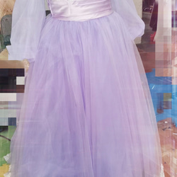 華やか パープル/紫 カラードレス 3D立体レース刺繍 ふわふわ袖 ベアトップ 挙式 2ways ドレス 1枚目の画像