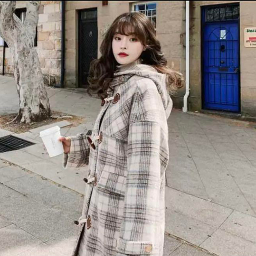 Lillys 秋冬コーデ❤️ダッフルコート レディース チェック柄 フード