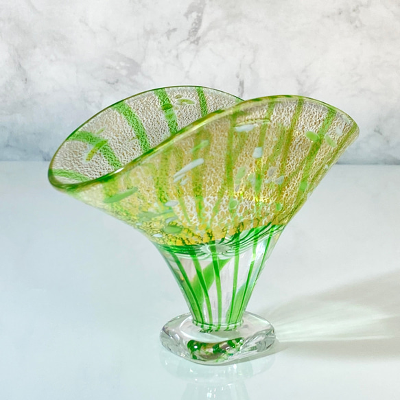 金箔玻璃扇/香座，新鮮綠色萌木色，附贈綠蜻蜓珠和香 第2張的照片