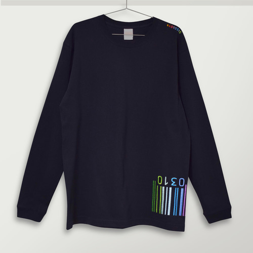 正規品♡ハイカロリー♡プリントロンT♡ブルー 刺繍☆ロンT／虹色バーコード（BK）9.1oz Tシャツ 440design