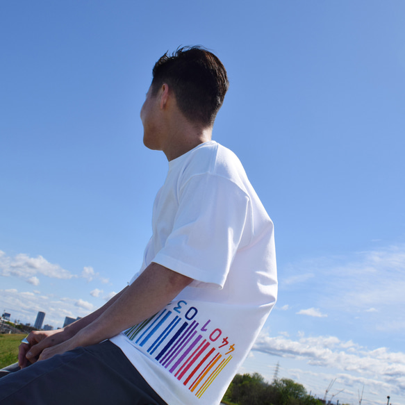 刺繍☆半袖Tシャツ／虹色バーコード（WH）9.1oz 1枚目の画像