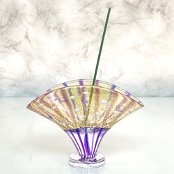 金箔ガラスの扇・香立て ブルーアメジスト色 きれいな紫色 トンボ玉＆お香付き 3枚目の画像