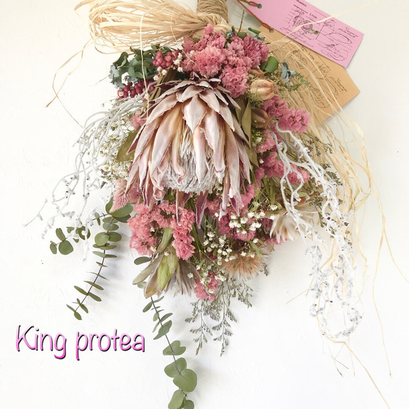 香り立つ キングプロテア大型ピンクスワッグ60cmユーカリ銀世界