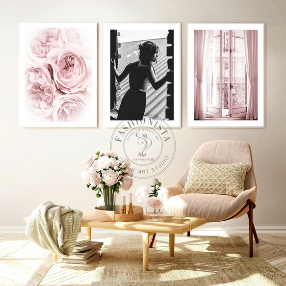 柔和的粉紅色花卉陽台女士/室內海報外國藝術3件套/3063 第1張的照片