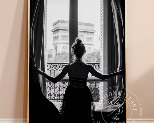 アートポスター パリ モノクロ 女性シルエット 窓辺 おしゃれ