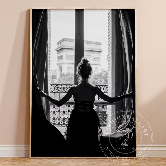 アートポスター パリ モノクロ 女性シルエット 窓辺 おしゃれ