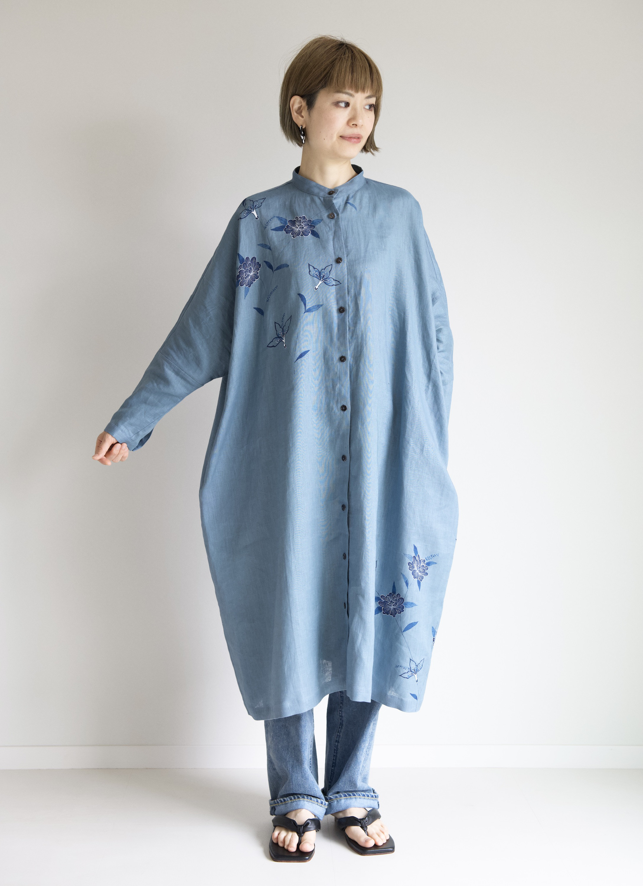 スタンドカラーシャツドレス　更紗・牡丹