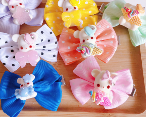 ハンドメイド☆キッズリボンヘアゴム☆大きめ☆紫☆うさぎ☆キラキラ