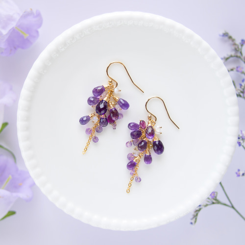 藤の花＊アメジストと天然石の彩りピアス（14KGF）／イヤリング ピアス