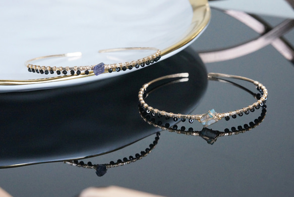 【14KGF】 Gemstone,Swarovski Ornament Hammered Cuff Bangle 7枚目の画像