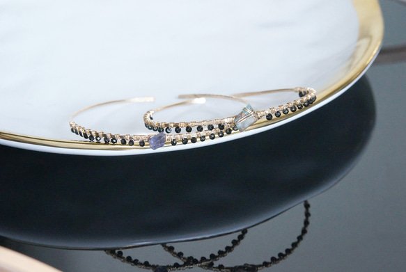 【14KGF】 Gemstone,Swarovski Ornament Hammered Cuff Bangle 8枚目の画像