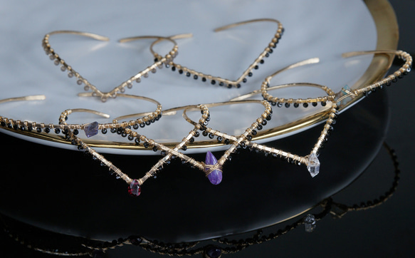 【14KGF】 Gemstone,Swarovski Ornament Hammered Cuff Bangle 3枚目の画像