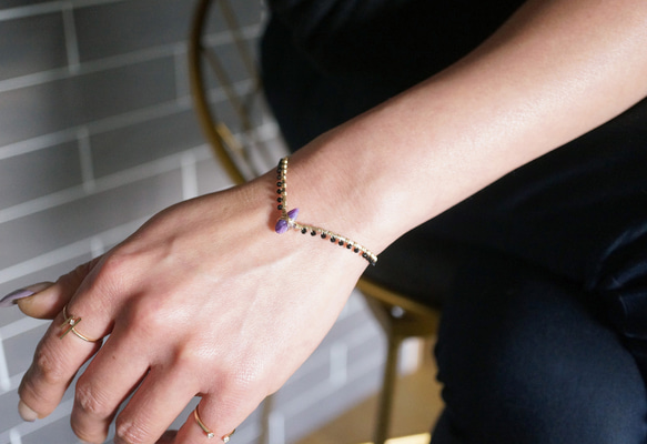 【14KGF】 Gemstone,Swarovski Ornament Hammered Cuff Bangle 12枚目の画像