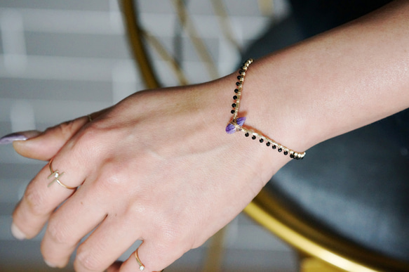 【14KGF】 Gemstone,Swarovski Ornament Hammered Cuff Bangle 13枚目の画像