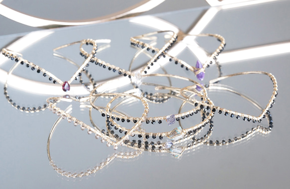 【14KGF】 Gemstone,Swarovski Ornament Hammered Cuff Bangle 9枚目の画像