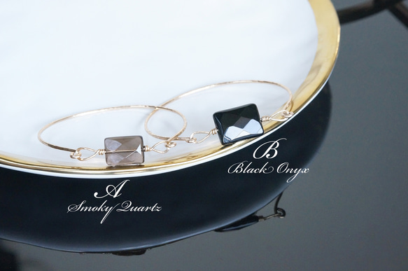 【14KGF】Gemstone Hammered Wire Bangle [Black Onyx/Smoky Quart 2枚目の画像