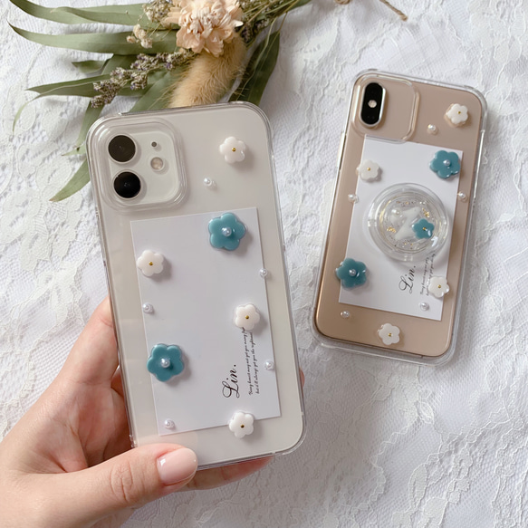 iPhoneケース ブルー フラワー iPhone17 iPhone16 iPhone15 クリア