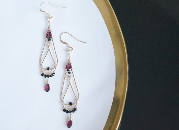 【14KGF】14KGF Double Teardrop Rhodolite Garnet Earrings 2枚目の画像