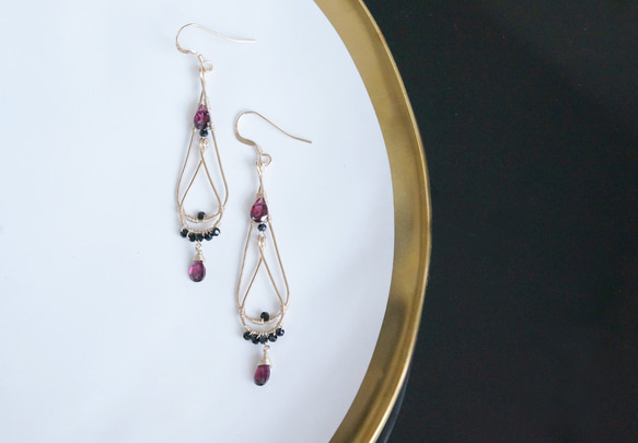 【14KGF】14KGF Double Teardrop Rhodolite Garnet Earrings 3枚目の画像