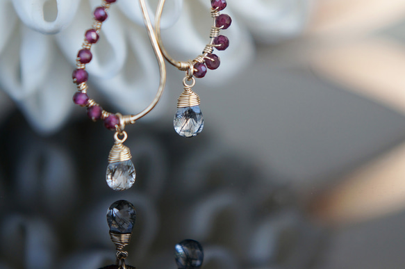 【14KGF】14KGF Garnet,Tourmalinated , Black Spinel Earrings 9枚目の画像