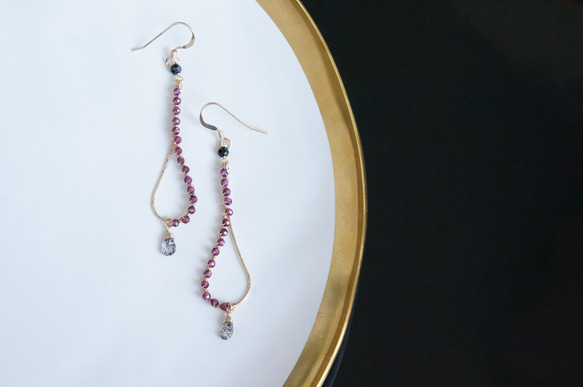 【14KGF】14KGF Garnet,Tourmalinated , Black Spinel Earrings 2枚目の画像