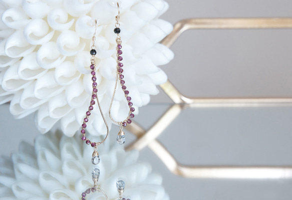 【14KGF】14KGF Garnet,Tourmalinated , Black Spinel Earrings 3枚目の画像