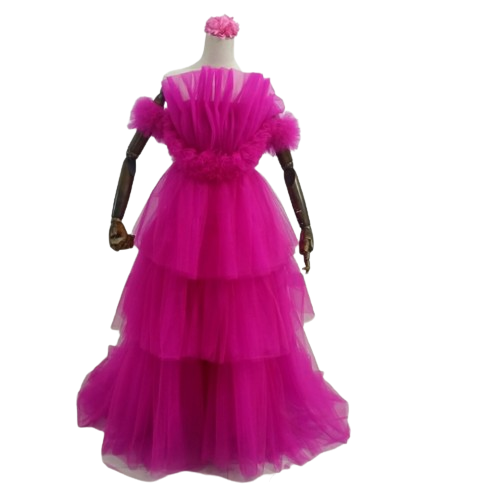 可愛い カラードレス ビビッドピンク オフショルダー 華やか 派手な 抜群のおしゃれ見え