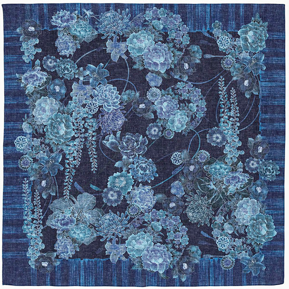 デジタル藍ふろしき～花遊び～　三巾　風呂敷　100㎝　綿麻素材 2枚目の画像