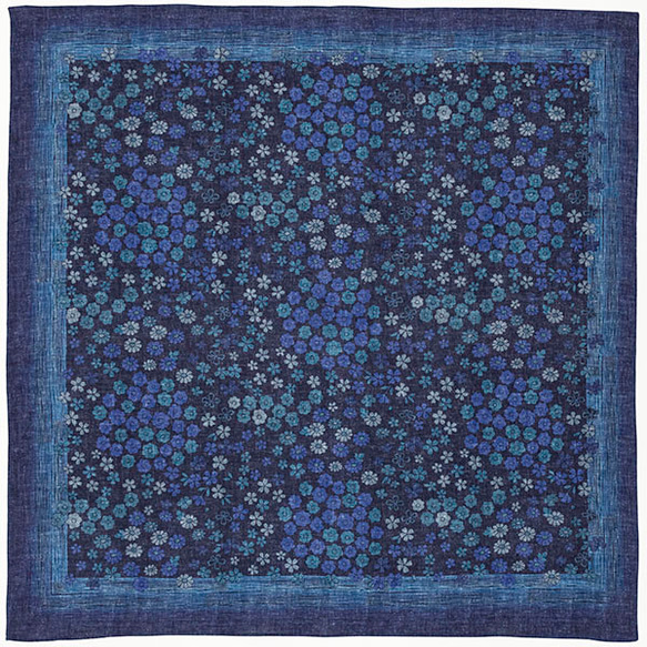 デジタル藍ふろしき～花尽くし～　三巾　風呂敷　100㎝　綿麻素材 2枚目の画像
